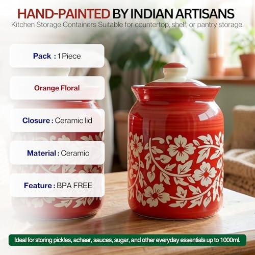 Image of Orange Floral Printed Ceramic Handglazed Pickle Jars Set of 1-1000 ML Each | 1 kg Achaar Martban Barni Jar with Lid | Ceramic Storage Jar Container Pickle /Achar, Chatney