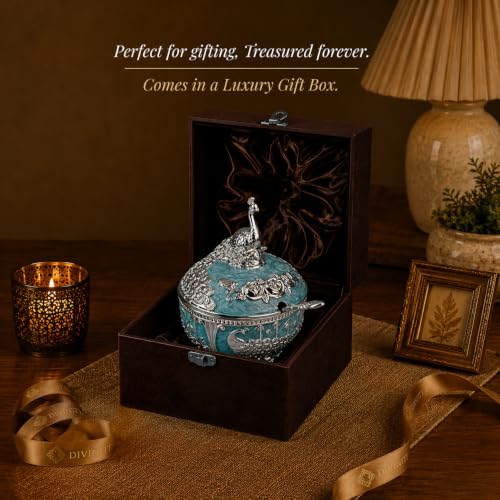 Image of Diviniti Silver Plated Peacock Sugar Pot with Lid | Decorative Storage Jar for Sugar, Mouth Fresheners & Small Items | Luxury Home Decor Piece for Dining Table, Kitchen & Gifting (Teal Blue)