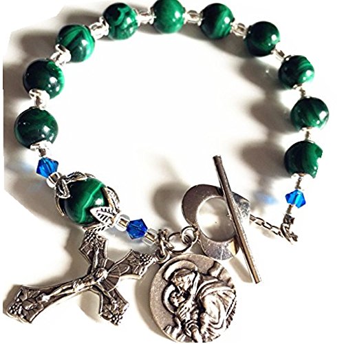 elegantmedical ROSARY UNDOUBTED Malachite BEADS BRACELET CROSS Sterling Silver flower Travel