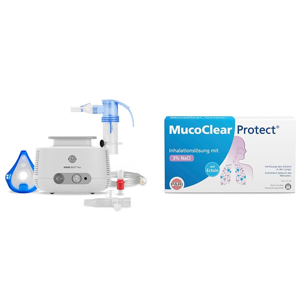 Bundle aus PARI BOY Pro Inhalationsgerät Erwachsene und Kinder – Inhalator zur Therapie von Atemwegserkrankungen+ MucoClear Protect Inhalationslösung verflüssigt den Schleim in der Lunge, 20 St.
