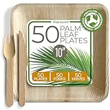 Compostable Square Palm Leaf Plates 10 Inch with Forks & Knives (50 Each) - Like Bamboo Plates, Disposable Party Plates, Biodegradable, Eco-Friendly, Microwave & Oven Safe