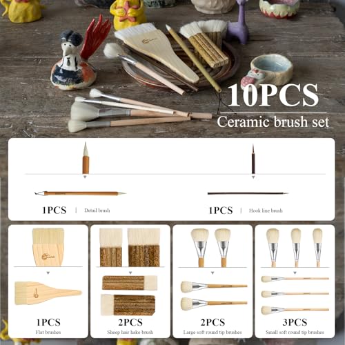 image for LEYCLUB Pottery Glaze Brushes,10 PCS Painting Ceramic Brush Set, Diffe