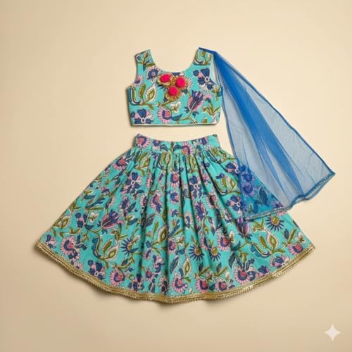 Image of A.T.U.N. (ALL THINGS UBER NICE) Baby Girls Cotton Ethnic Floral Lehenga Choli Set with Lace & Dupatta | Traditional 3-Piece Festive Outfit for Kids