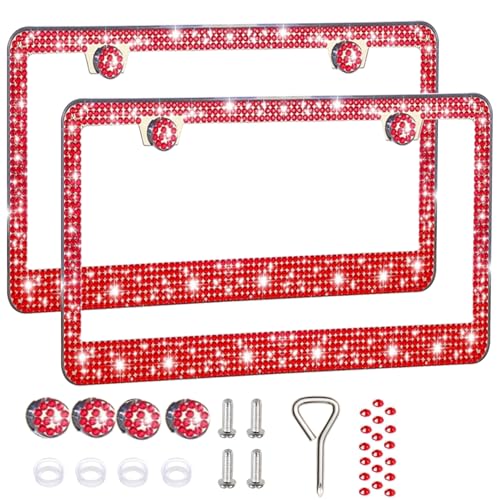 2 Pack License Plate Frames for Women Sparkly Rhinestone Diamond Car Accessories with Glitter Crystal Caps (Red(2PCS))
