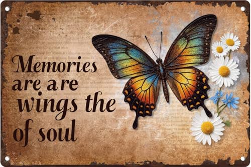 Retro Rusty Edge Butterfly Floral Sympathy Tin Plaque Memories Soul Wings Vintage Metal Wall Hanging Sign Indoor Outdoor Bereavement Gift 16X24 Inch