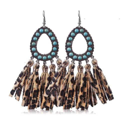 Long Bohemian Fringe Leather Earrrings Handmade Tassel Earrings with Turquoise Vintage Boho Long Dangle Earrings for Women rodeo jewelry