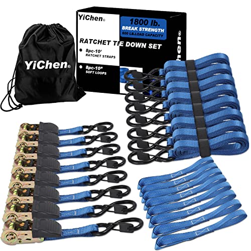 Ratchet Tie Down Straps - 10 Ft Long - Upgraded 1800 Lb Break Strength – 8 Pk Heavy Duty Rachet Tiedowns With Reflective Silk, Rubber Handle Coated Metal Hook #TOP24