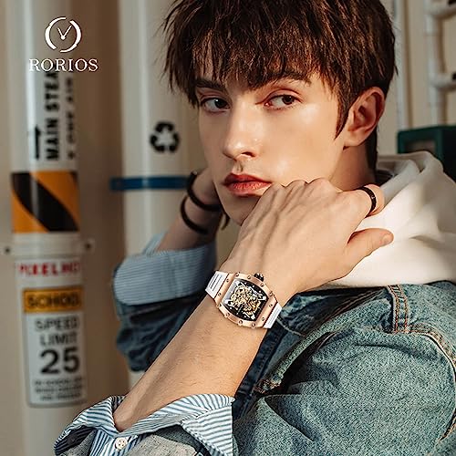 rorios Polshorloges voor heren, modieus, vierkant horloge voor mannen, draagbaar horloge, mechanisch skelethorloge, waterdicht, oplichtend, horloge met siliconen armband - Afbeelding 3