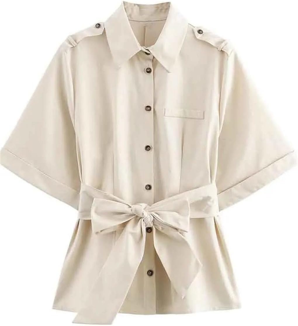 Women's Belted Lapel Loose Shirt