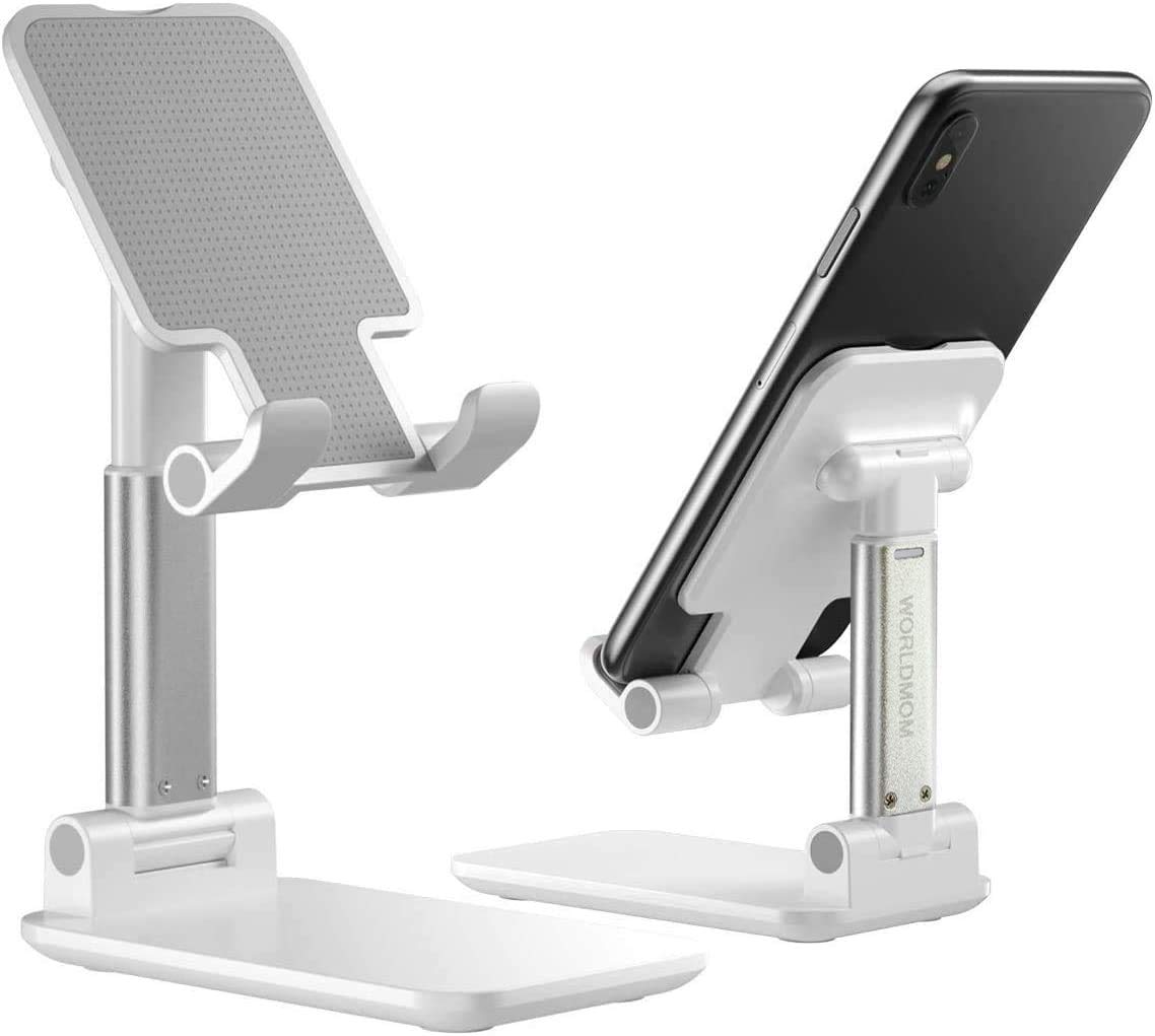 Cell Phone Stand, WORLDMOM Foldable Portable Desktop Stand Adjustable Height and Angle Phone Holder for Desk Sturdy Aluminum Metal Stand Compatible with Smartphone/iPad/Kindle/Tablet