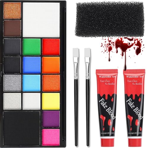 Conjunto de maquilhagem infantil para Halloween com 16 cores, conjunto de maquilhagem à base de água com esponjas, pincel, sangue falso e 2 pincéis, maquilhagem facial para Halloween, vampiros
