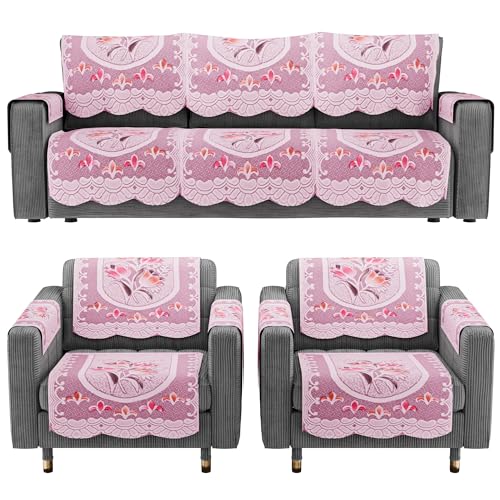 Image of Kuber Industries (Set of 16) Stylish & Durable Cotton Sofa Covers 5 Seater with Arms | Aesthetic Sofa Protector & Slipcover for Living Room & Office | Flower Design - White & Pink