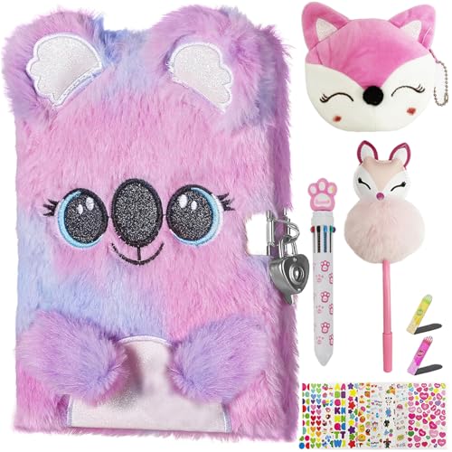 WIEWUSCH Girls Diary with Lock,Journal for Kids with Bookmarks Sticky Notes Pom Pom Pen Notebook for Writing and Drawing 160 Lined Pages Diary for Girls ages 6-8