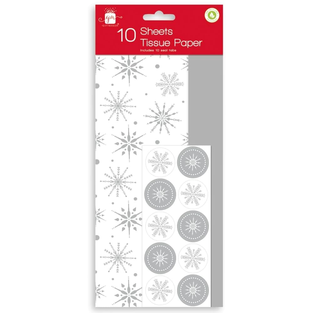 10 Sheets of Christmas Tissue Paper Traditional Present Wrapping Paper Gift Wrap with Seal Tabs (Silver Snowflakes)