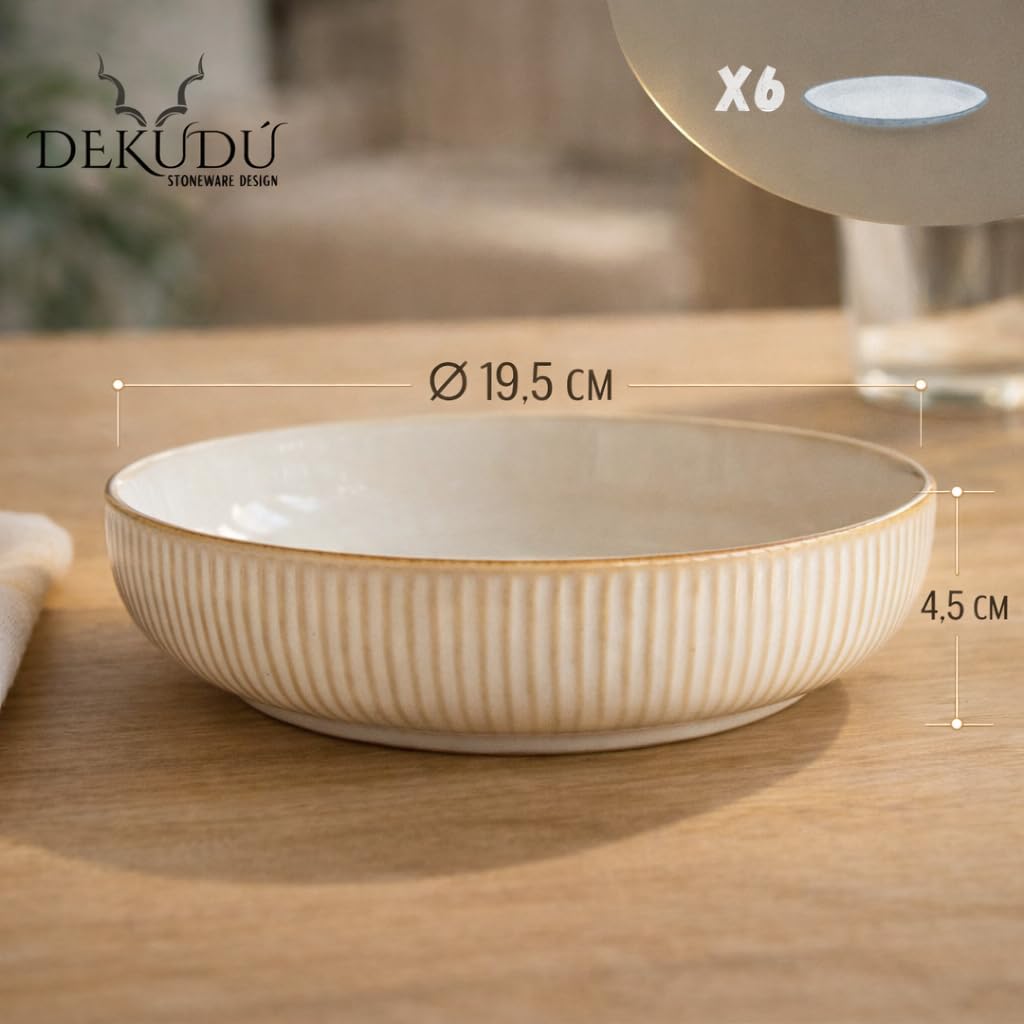 Pastateller Tief Suppenteller Tiefe Teller Steingut Teller set - Handgefertigt - Hochwertiges Steinzeug- 6 Stück - Ø 19,5cm-Steingut Geschirr-Spülmaschinen Mikrowellen Kratzfest-Beige
