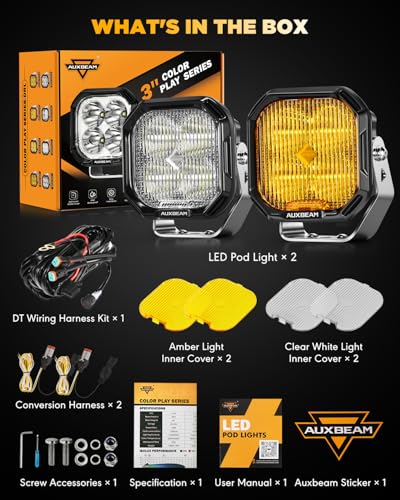 Image of Auxbeam Color Play Series 3 Inch LED Pods, Fog Beam Off Road Light with Amber White DRL & Turn Signal 100W Driving Lights Auxiliary Ditch Light for Jeep Truck ATV UTV with Covers