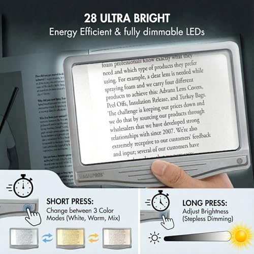 Image of MagniPros 5X [Rechargeable] Large Ultra Bright LED Page Magnifier with Anti-Glare Lens & 3 Stepless Color Light Modes to Relieve Eye Strain-Ideal for Reading Small Prints, Low Vision and Seniors