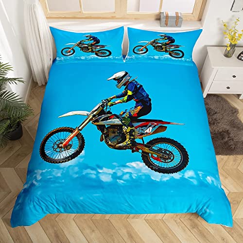 Loussiesd 3D Motocross Racer Duvet Cover Set Dirt Bike Extreme Sports Bedding Set for Kids Boys Men Racing Motorcycle Comforter Cover Blue Sky Quilt Cover Bedroom Collection 2Pcs Single Size