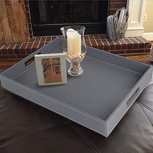 HofferRuffer Ostrich Faux Leather Rectangular Decorative Serving Tray with Handles for Coffee Table, Breakfast, Tea, Food, Butler, Grey Ostrich PU Leather, 17.7 x 13.8 x 2 inches