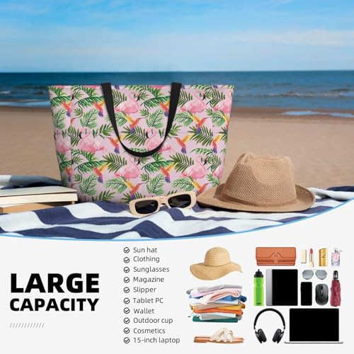 Large Beach Bags Water-resistant Sandproof - Tropical Flamingo Hummingbird Cute Beach Tote Bags for Women with Zipper4