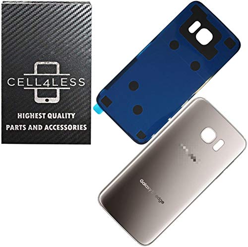 CELL4LESS Replacement Back Glass Cover Back Battery Door w/Pre-Installed Adhesive Compatible w Samsung Galaxy S7 Edge- All Models G935 All Carriers- 2 Logo - Replacement (Silver Titanium)