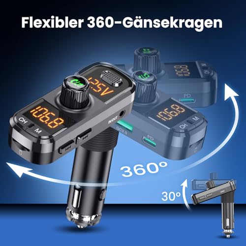 GizmoVine FM-Transmitter Adapter Kit, Bluetooth-Empfänger für Auto mit QC3.0 & PD3.0 Fast Charger, Musik-Radio, MP3 und USB, Zigarettenanzünder-Sender, Hands Free Car Adapter für Telefon