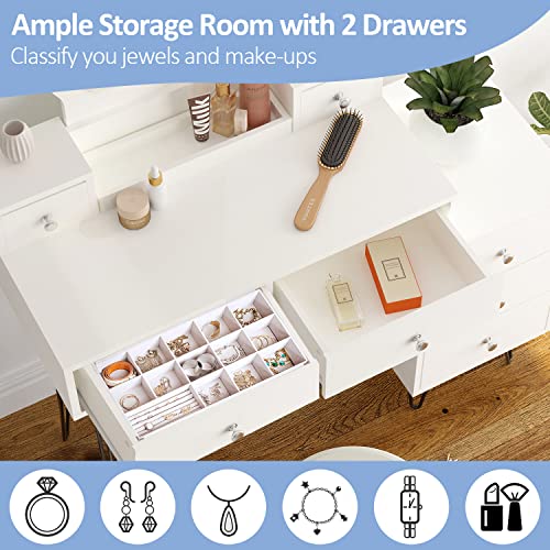 Fameill Makeup Vanity Desk With Lighted Mirror,White Vanity Table Set With Round Mirror,3 Color Touch Screen Dimming Mirror,7 Drawers Bedroom Dressing Table With Soft Cushioned Stool #TOP7