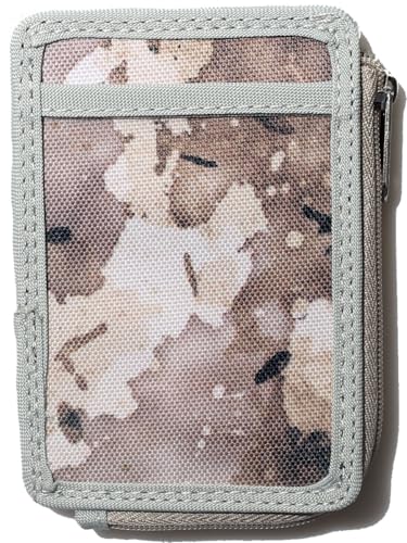 DQL Gift for Veteran Slim Minimalist Front Pocket Wallet, RFID Blocking zipper Credit Card Holder Wallet with clear ID window Detachable D-Ring for Men Women(Camo Desert)
