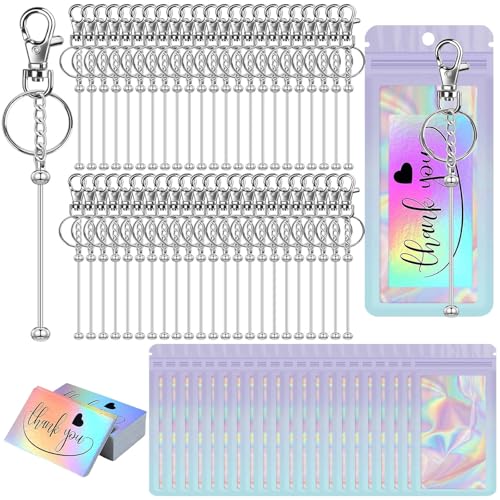 Image of 42 /84 /126 Pcs Beadable Keychain Bars Bulk Blank DIY Beaded Keychain Making Supplies with Bag Thank You Card