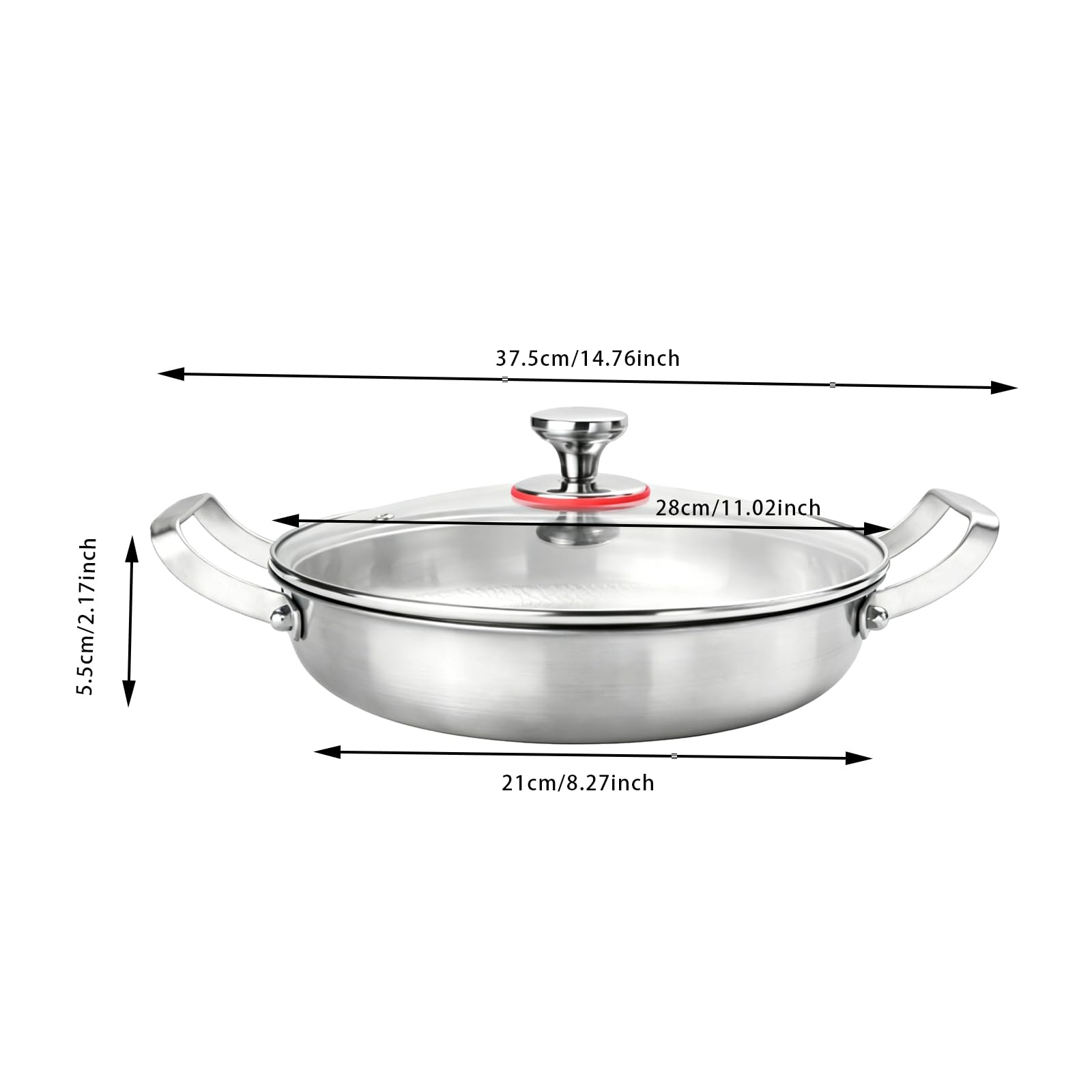 Padella in acciaio inox titanio martellato, 28 cm, padella professionale senza rivestimento, padella a induzione per tutti i fuochi con coperchio in vetro, batteria da cucina a triplo strato in