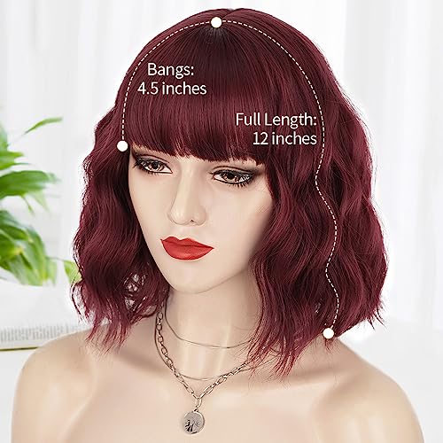 Aisi Hair Red Short Curly Bob Wig With Bangs Burgundy Wine Red Synthetic Wave Bob Wigs Natural Looking Heat Resistant Fiber Hair Wigs For Women (Wine Red) #TOP2