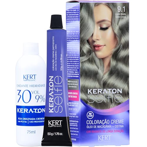 Coloração permanente em creme para cabelos, Com cistina e óleo de macadâmia, Selfie, 50g, Keraton, Nº 9.1 Louro Muito Claro Cinza