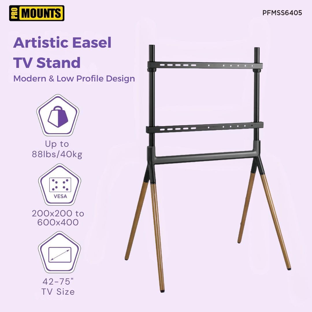 ProMounts Modern Exhibition TV Stand Mount for 42-84 inch LED LCD OLED Plasma Flat and Curved TV Screens, 4 Leg Modern Studio TV Stand Holds 99 lbs, Max VESA 600x400