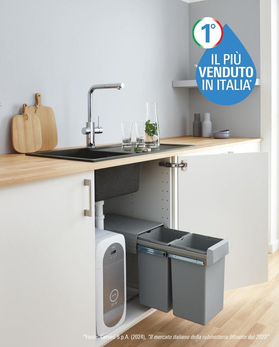 GROHE Blue Home Starter Kit con Rubinetto Filtro Acqua, Bocca L, Acqua Filtrata Refrigerata e Frizzante, WiFi e Bluetooth, Cromo, 31454001