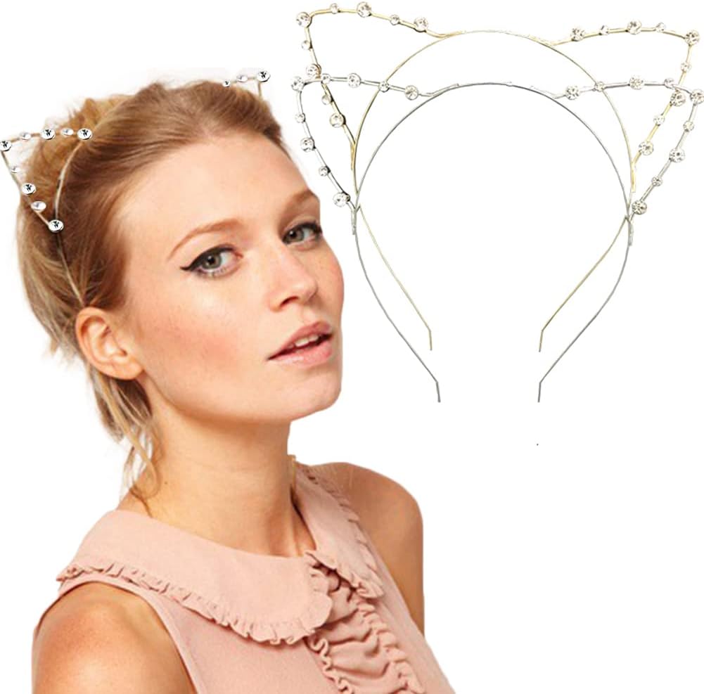 DRESHOW Rhinestone Cat Ears Headbands Kitty Crystal Hair Band for Girls and Women Pack of 2 Silver Gold Rhinestone Gold Sliver One Size