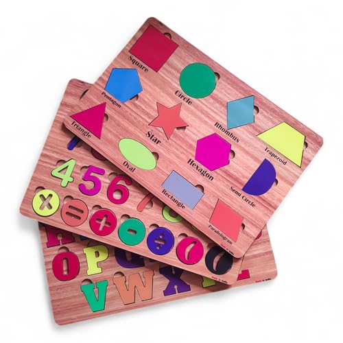 Image of Fiddlys Wooden Educational Jigsaw Puzzles for Toddlers & Preschoolers, Double Layered Wooden Puzzles with Bright Front & Back Print Alphabet Shapes and Numbers Learning, Toy (Alphabet Number Shapes)