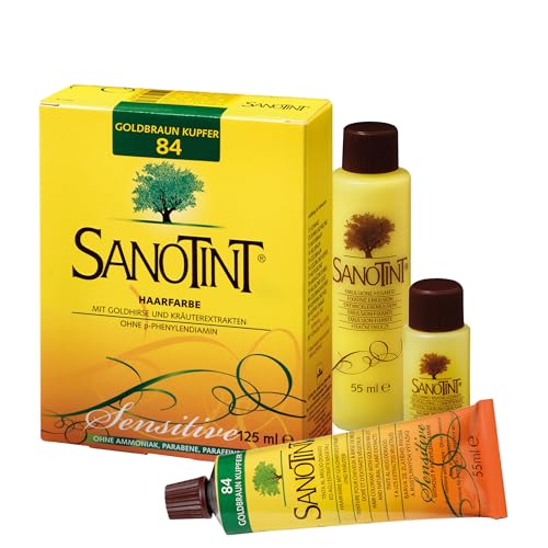 Sanotint - Haarfarbe Sensitive Nr. 84 Goldbraun Kupfer - Naturnahe dauerhafte Haarfarbe mit Goldhirse und wertvollen pflanzlichen Extrakten – 100% Grauabdeckung – vegan - 125 ml