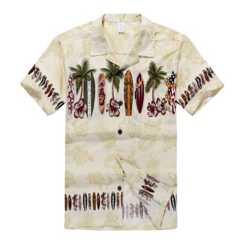 Palm Wave Men's Hawaiian Shirt Aloha Shirt L Cream Surf Boards