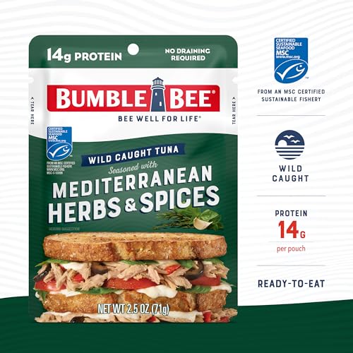 Image of Bumble Bee Mediterranean Herbs & Spices Seasoned Tuna, 2.5 oz Pouches (Pack of 12) - Ready to Eat - Wild Caught Tuna Packet - 14g Protein per Serving - Gluten Free