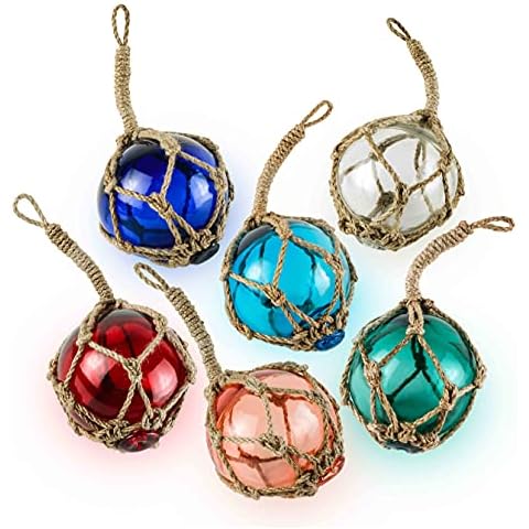 SAILINGSTORY Glass Fishing Float Beach Ornaments for Christmas Tree 4", Beach Decor Nautical Decor Glass Fishing Buoy Nautical Christmas Ornaments Set of 6 Color Pack Cover