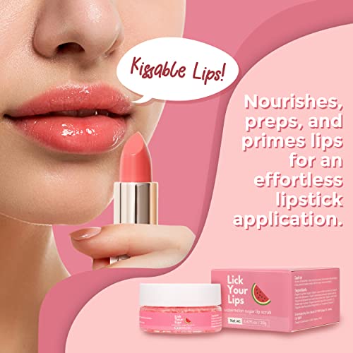 Lick Your Lips Watermelon Sugar Lip Scrub for Women Dry, Cracked and Dark Lips – Lip Scrubber Exfoliator & Organic Lip Scrubs Exfoliator and Moisturizer with Lip Brush – Vegan, Cruelty-Free Lip Care Products (20g)
