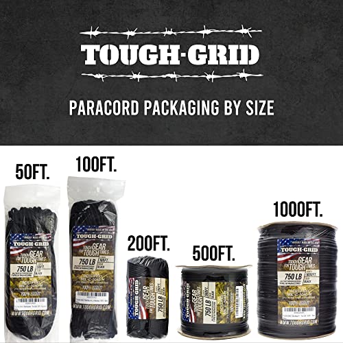 Tough-Grid 750Lb Black Paracord/Parachute Cord - 100% Nylon Mil-Spec Type Iv Paracord Used By The Us Military, Great For Bracelets And Lanyards, 100Ft. - Black #TOP1
