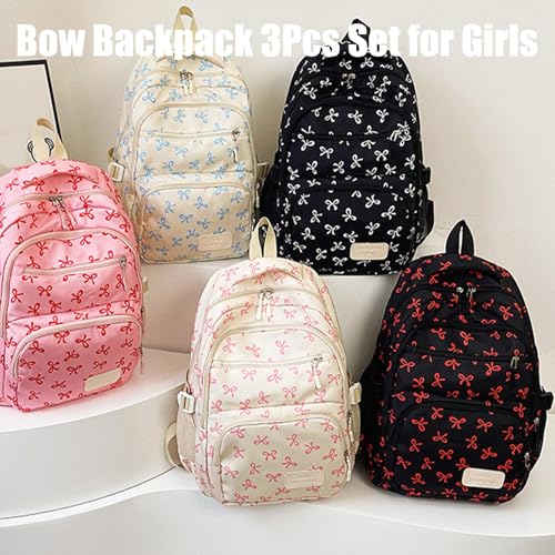 Bow Backpack 3Pcs Set for Girls, Aesthetic Daypack Bow Rucksack, Nylon Rucksack Large Capacity with Bow Pattern (1set D)2
