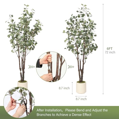 GarveeHome Artificial Eucalyptus Tree, 6ft Tall Fake Artificial Plant with White Planter,Large Faux Floor Plant Fake Silk Trees with 50 Lights Artificial Trees for Home Decor Indoor