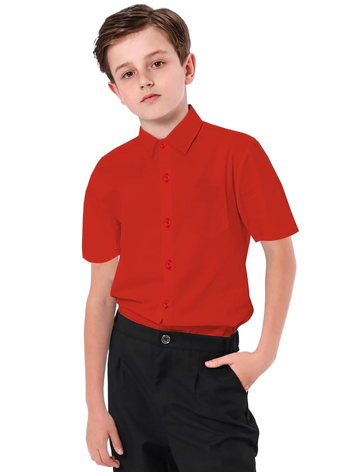 mintgreen Camisa De Escolar Color Sólido Manga Corta Botón para Niño, 7-14 Años
