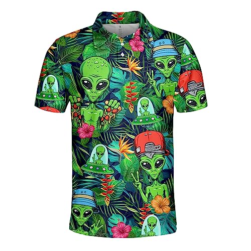 Kingdom09 Polo pirata per uomo e donna, pirata giocatori di golf tropicale polo da uomo button down manica corta, Ufo Alieno, 5XL