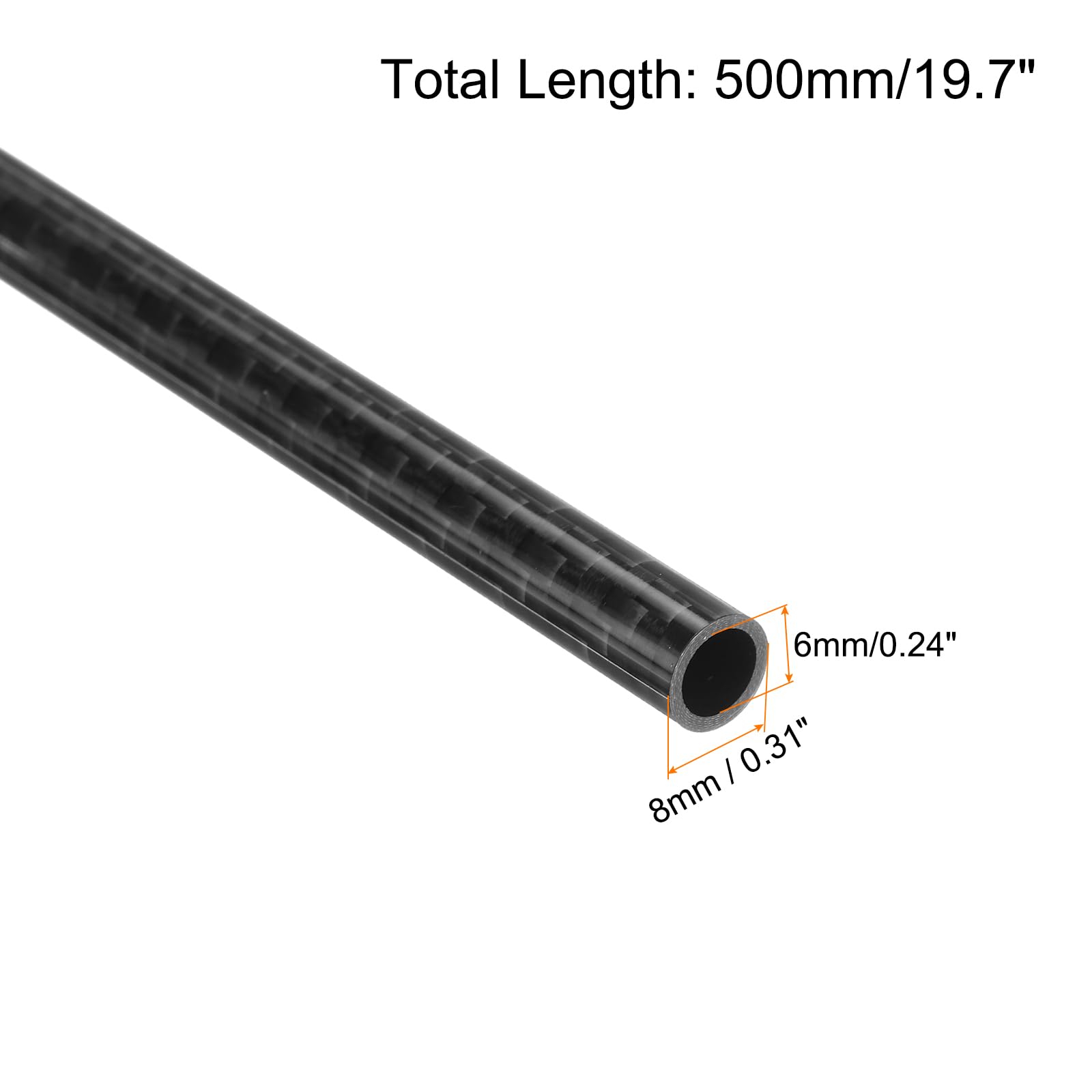 QUARKZMAN 2 Piezas Tubo de Fibra de Carbono 6 x 8 x 500mm Superficie Brillante Barra 3K Enrollada en Rollo de Fibra de Carbono Pura para Aviones RC Multicóptero