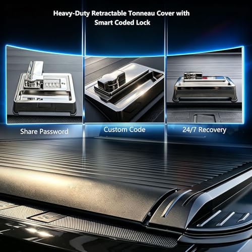 Image of Retractable Tonneau Cover for 2023-2026 Ford Ranger 5ft Truck Bed (61 inch) | LED lights,Built-in password Lock , Auto Retractable, Waterproof, matte black aluminuml，heavy duty