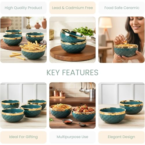 Image of The Earth Store Teal Diamond Gold Ceramic Bowl Set of 2 - 500ML Each | Ceramic Mixing Bowls for Snacks, More | Rice, Dal, Fruits, Salad | Perfect for Gifting & Daily Use