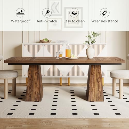 Image of LITTLE TREE Dining Table for 4-6 People, Wooden Table, Rectangle Furniture with Heavy Duty Legs, Modern Kitchen Table for Home, Dining Room, Brown